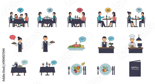 Restaurant dining and service illustration set.