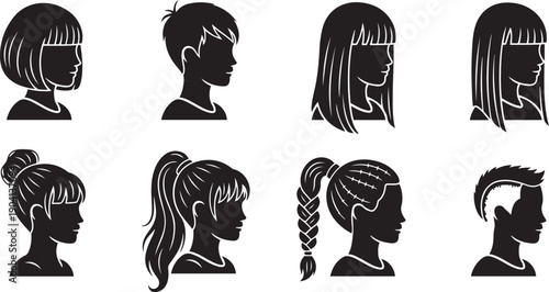 Black and white silhouettes of eight people with different hairstyles profile views