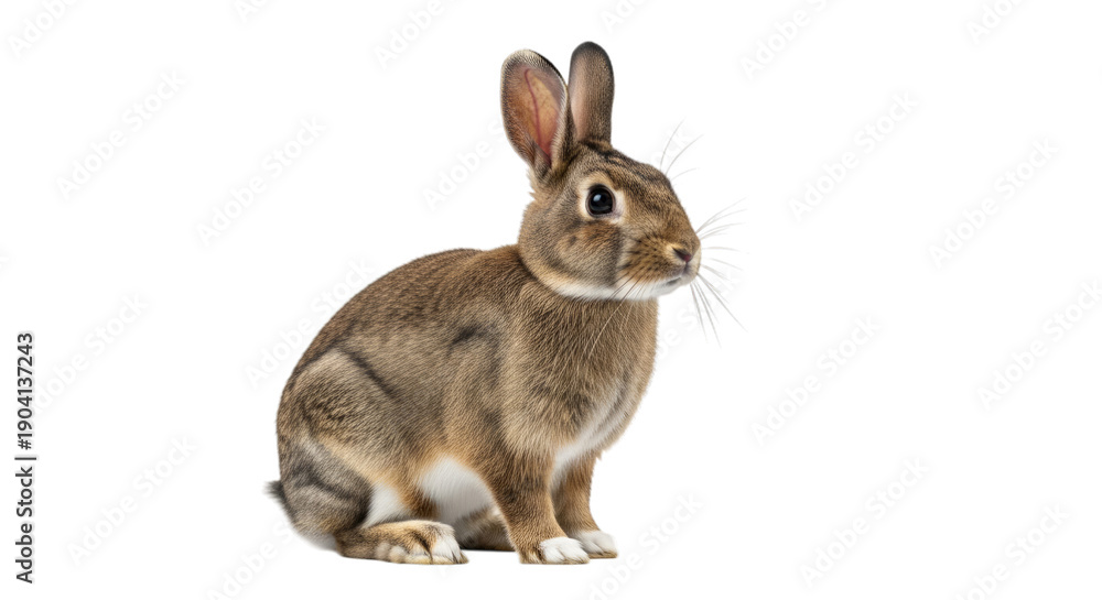 Fototapeta premium Brown rabbit with blue feather tuft on head sitting upright isolated on a transparent background