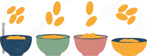 Flat vector illustration of colorful rice bowls with falling grains set isolated on white background