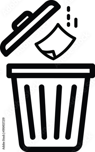 Line art icon of trash can with lid open and paper being thrown away on isolated transparent background silhouette