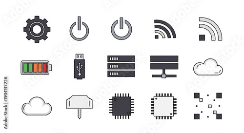 Technology icons including power buttons, wifi, battery, USB, cloud, server, and CPU for digital concepts