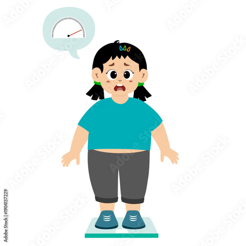 Cute fat girl eating junk food. obesity, overweight vector illustration