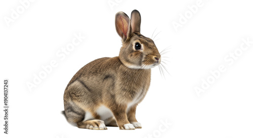 Brown rabbit with blue feather tuft on head sitting upright isolated on a transparent background