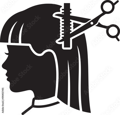 Black silhouette of woman's head with haircutting tools scissors comb