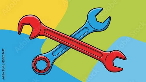 Red and Blue Wrenches Crossed Illustration.