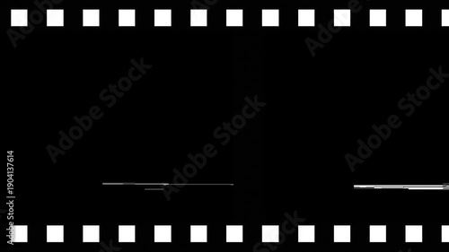 Cinematic Film Strip Overlay with Perforations and Digital Glitch Effects, ideal for vintage or modern video editing projects