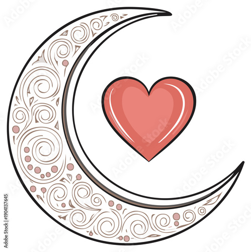 Decorative crescent moon with heart romantic embrace graphic