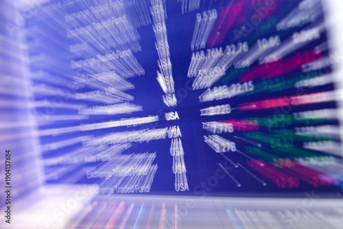 Stock market trading screen with financial data and motion blur effect