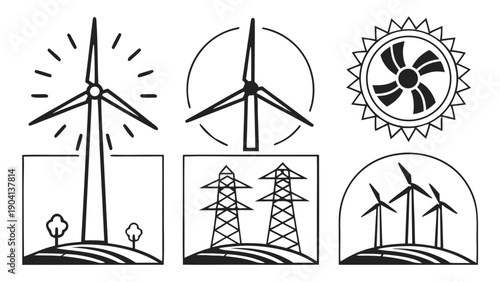 Wind Energy and Power Infrastructure Line Icons Set with Turbines and Transmission Towers,  