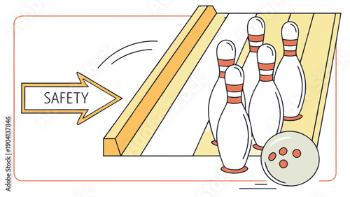 Bowling Alley Safety Concept with Ball and Pins Vector,  A conceptual vector art showing a bowling ball rolling toward pins with a large yellow arrow labeled "SAFETY," representing risk management 