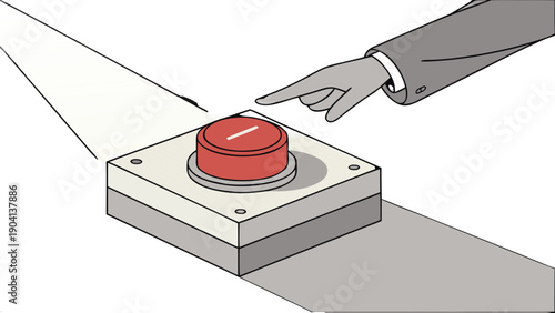 Hand in Suit Pressing Large Red Button Illustration,  vector illustration of a hand wearing a grey business suit, with a finger extended to press a large, prominent red button mounted on a metal base
