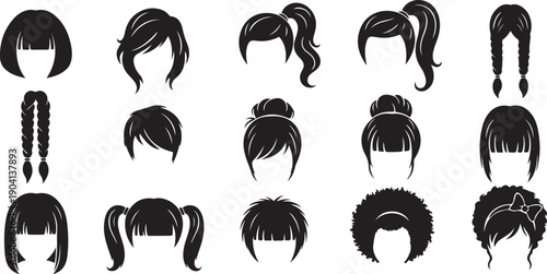 Black silhouettes of various hairstyles on white background haircuts
