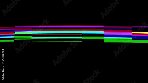 Vibrant abstract digital glitch art showing colorful horizontal stripes and pixelated patterns on a dark background, ideal for futuristic and dynamic visual designs