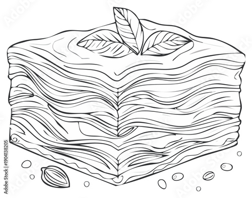 Outline drawing of a traditional baklava dessert slice with nuts and garnish leaves