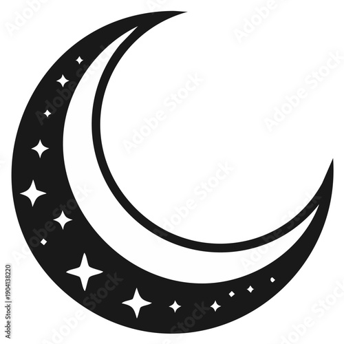 Stylized Crescent Moon with Stars in Black and White for Minimalist Designs