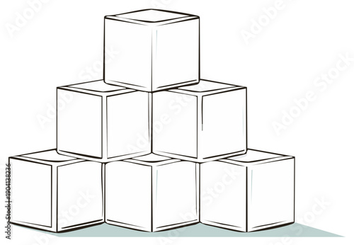 Seven Simple White Boxes Stacked Into Pyramid Structure in Sketch Style Graphic Illustration