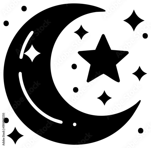 Crescent Moon with Shining Stars: Celestial Nighttime Sky Icon Graphics