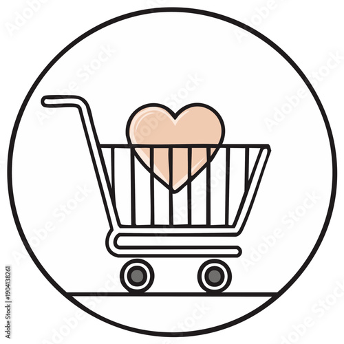 Outline shopping cart with a pastel heart inside, symbolizing love for shopping or wish list item