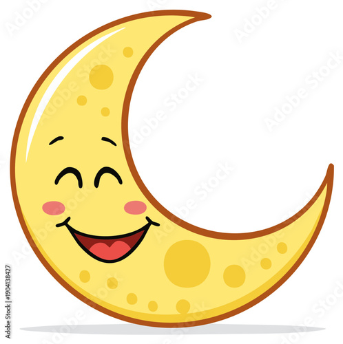 Cute crescent moon cartoon with smiling face and rosy cheeks, children's illustration vector graphic