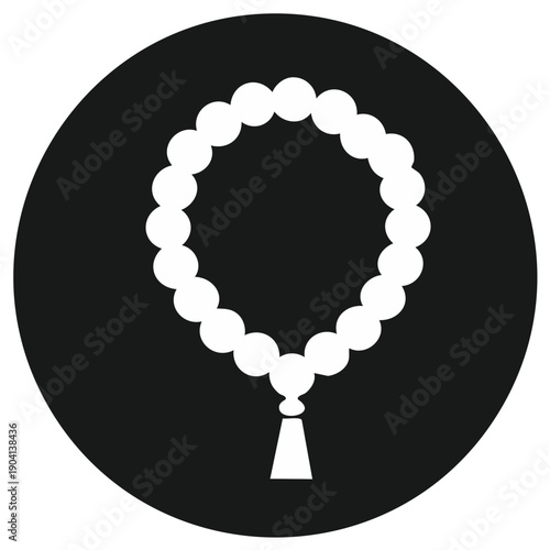 White prayer beads with tassel inside a black circle icon