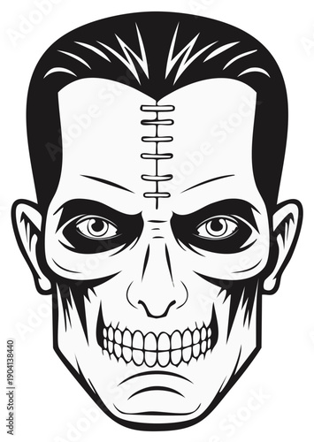 Monster face vector illustration for Halloween scary design, fantasy creature head with stitches and spooky features, drawing of Frankenstein character