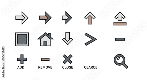 Collection of various symbols and icons representing actions like add, remove, close, search, and navigation elements