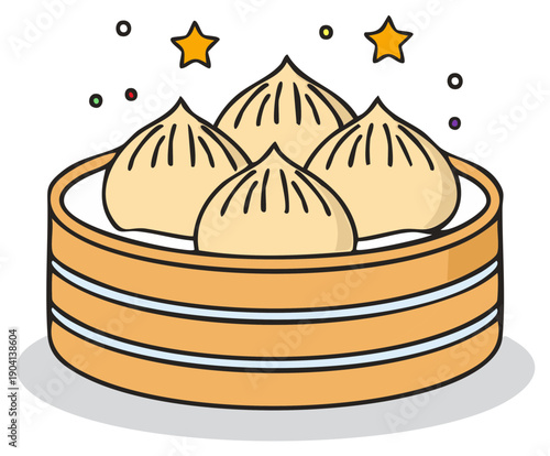 Delicious Dim Sum in Steamer Basket with Stars and Colorful Dots