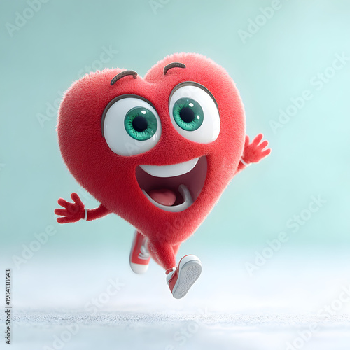 Red furry heart character running and jumping with excitement, expressing happiness and joy on a bright background, representing love and fun concept