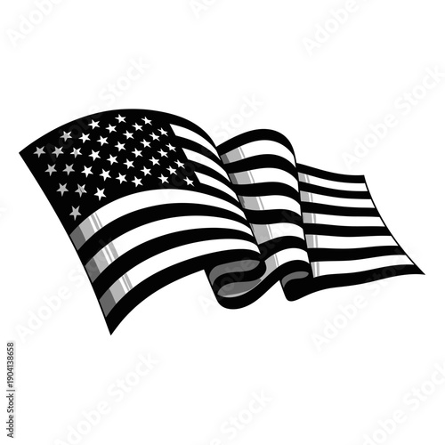 Waving American Flag - Black and White Illustration