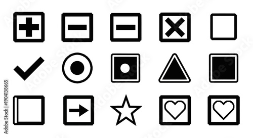 A collection of simple, flat design icons representing basic symbols and geometric shapes, ideal for user interface elements