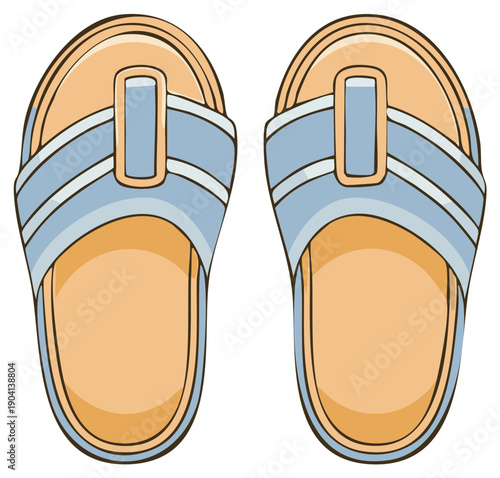 Pair of light blue and tan casual slide sandals seen from above