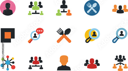 Business communication icons, teamwork silhouettes, recruitment magnifying glass, dining utensils, organizational chart, speech bubbles, connectivity nodes, colorful design elements