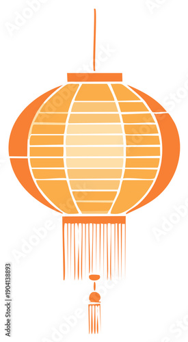 Stylized hanging Asian lantern illustration with tassels, featuring round frame and horizontal light effect in shades of orange