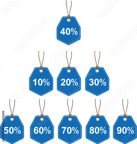 Blue discount price tag set with percentages, hanging sale labels for retail promotions, ecommerce offers and marketing graphic design projects