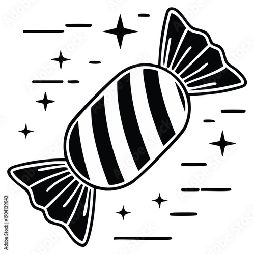 Stripped sweet wrapped in decorative wrapper with stars around for sticker or logo