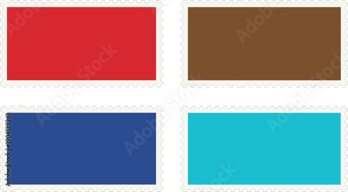 Colorful blank postage stamp frames set, rectangular perforated borders for labels, mockups, collections, templates and graphic design projects resources assets