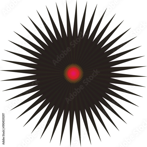 Black sunburst icon with red center, vector graphic