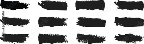 Vector collection of artistic grungy black paint hand made creative brush. High Detail Abstract Vector Background Set. Vector isolated elements set. Grungy black swatches. Rough smears and stains.