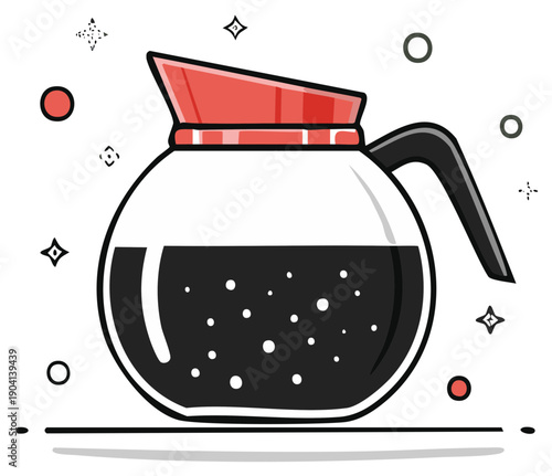 Glass coffee carafe with black coffee and red lid ready for brewing