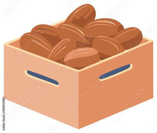 Wooden crate filled with fresh almonds, isolated isometric view, healthy food concept
