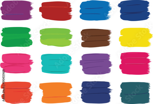 Colorful paint brush stroke swatches set, vibrant hand painted abstract textures for backgrounds, banners, posters, social media and graphic design