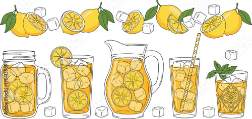 Set of hand-drawn iced lemonade in pitcher mason jar and glasses with fresh lemons ice cubes and straws isolated on grey background