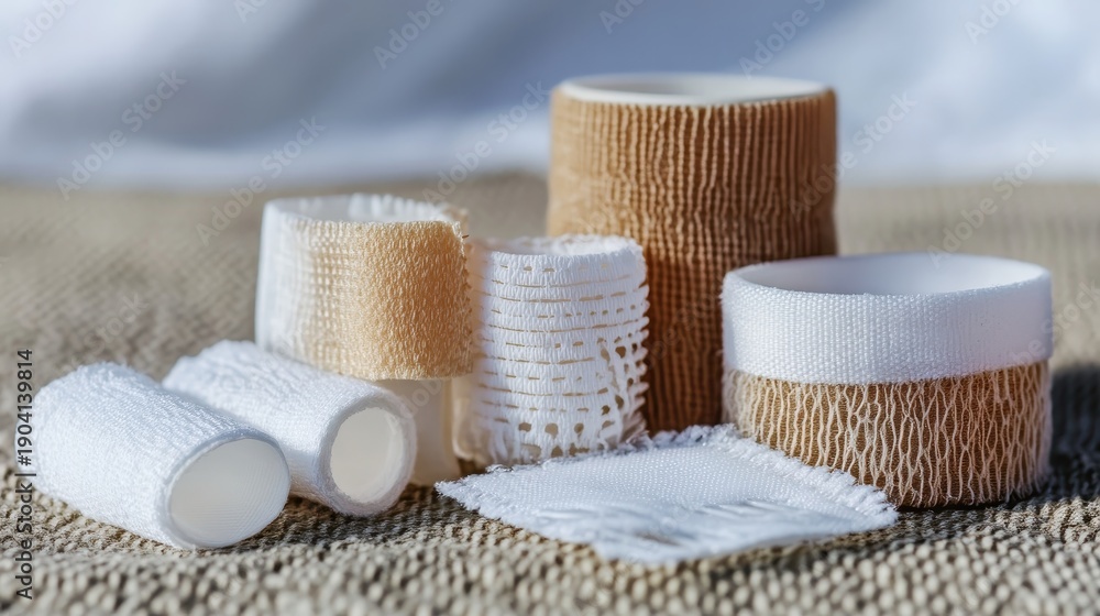 Naklejka premium An assortment of basic medical bandages and sterile dressings are neatly arranged on a textured surface