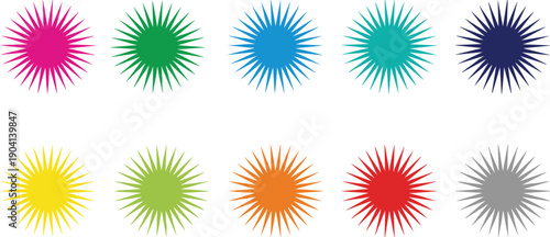 Colorful sunburst star shapes set, vibrant radial burst icons for labels, stickers, badges, promotions and graphic design projects