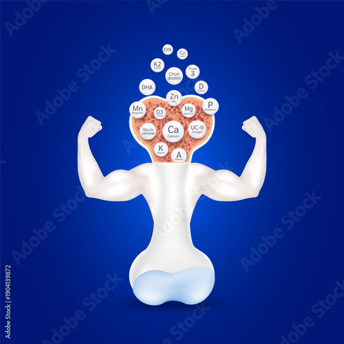 Healthy bone. Milk full of calcium mineral and vitamins. Showing strong muscles powerful. Dietary supplement bone, Medical or healthcare concept. Realistic 3D vector.