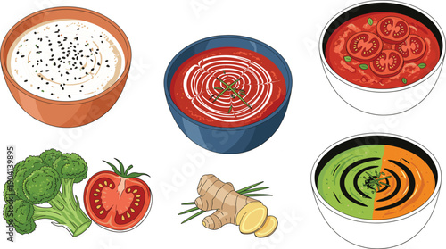 Set of healthy soup bowls featuring tomato soup pumpkin soup and green pea soup with fresh ingredients like broccoli tomato and ginger on grey background