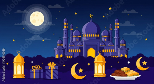 Ramadan night scene with mosque lanterns and crescent moon.