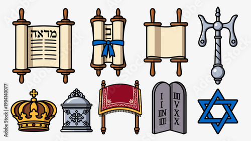 Flat Style Judaism Symbols Vector Pack Including Torah Scroll Eternal Lamp and Ten Commandments Stone Tablets for Hanukkah Celebration