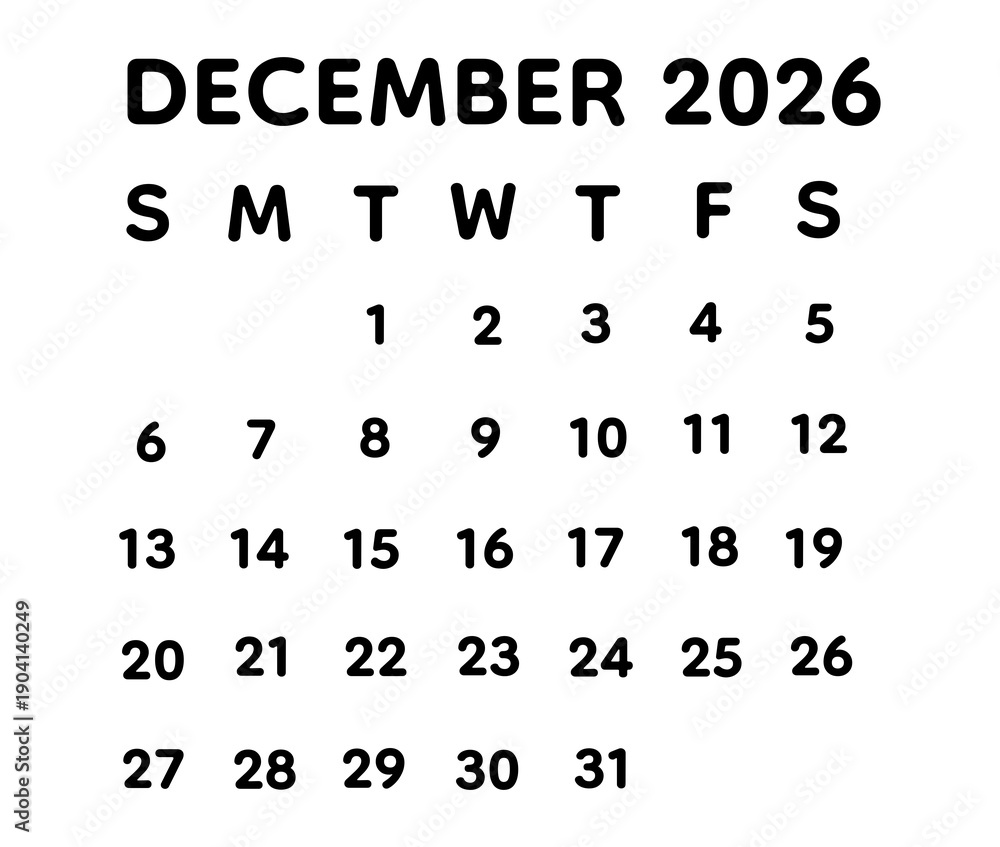 Obraz premium Minimal December 2026 calendar typography featuring elegant black letters on a transparent background. Ideal for planners, schedules, digital templates, branding visuals, and modern design projects.